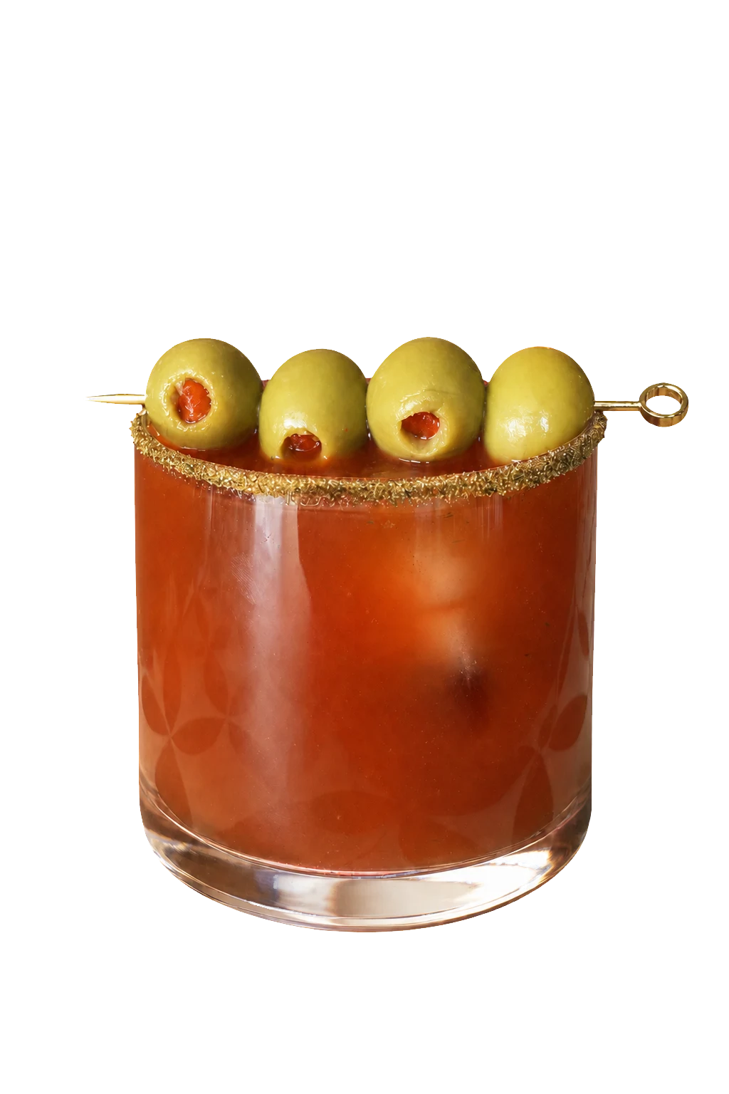 A red Caesar mocktail with a seasoned rim and four stuffed olives.