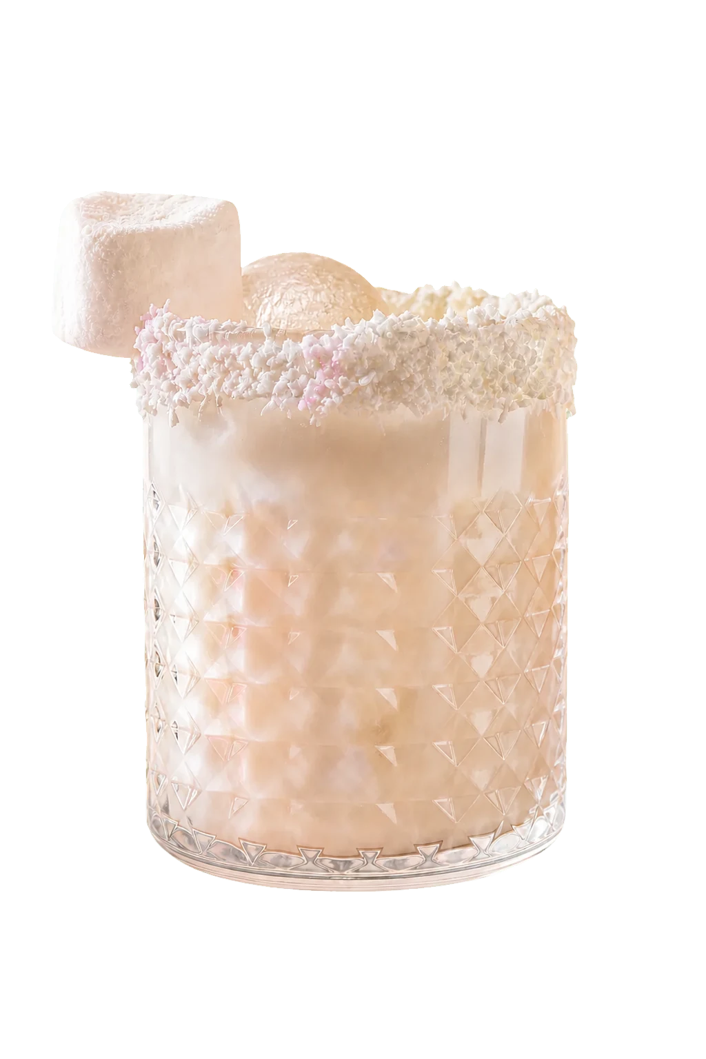 A pale creamy mocktail with a coconut rim and a marshmallow garnish.
