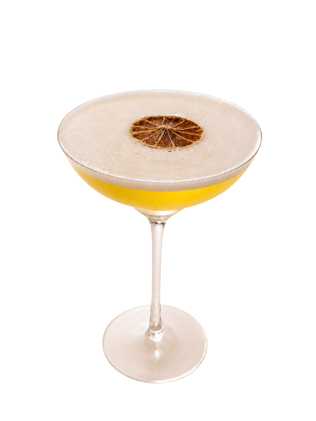 A golden Gardini Martini in a coupe glass with a dried citrus wheel.