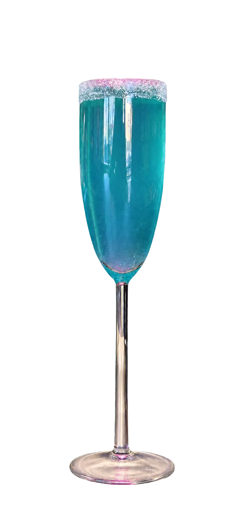 A vivid teal mocktail in a tall flute with a sparkling rim.